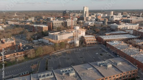 Wallpaper Mural Establishing shot of Durham downtown in North Carolina, USA. Aerial forward Torontodigital.ca