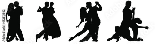 Set of black silhouettes of dancing couples. Ladies and gentlemen dancing tango. Men and women dance tango. Vector illustration isolated on white background