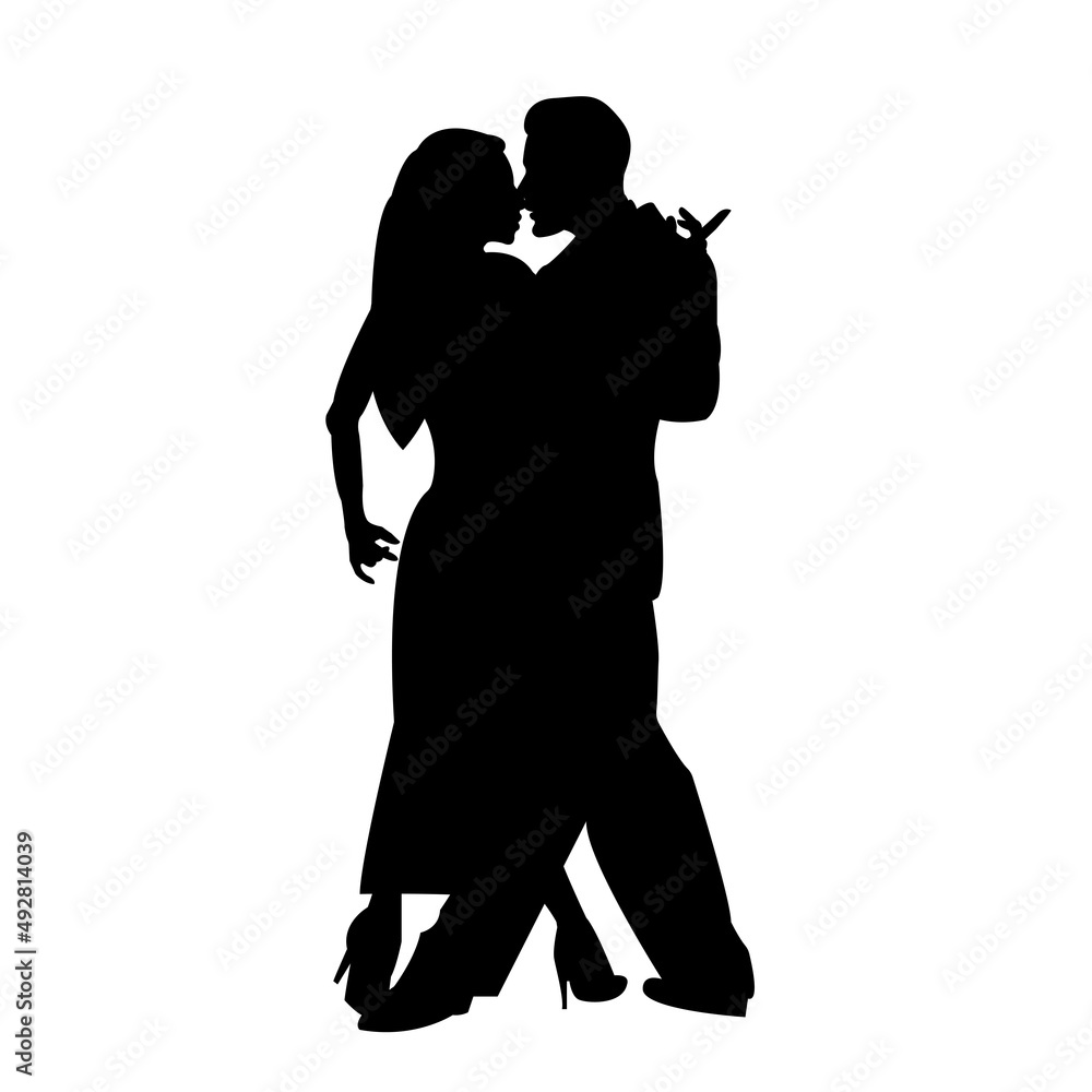 Silhouette of a dancing couple. Man and woman dancing tango. Vector illustration isolated on white background