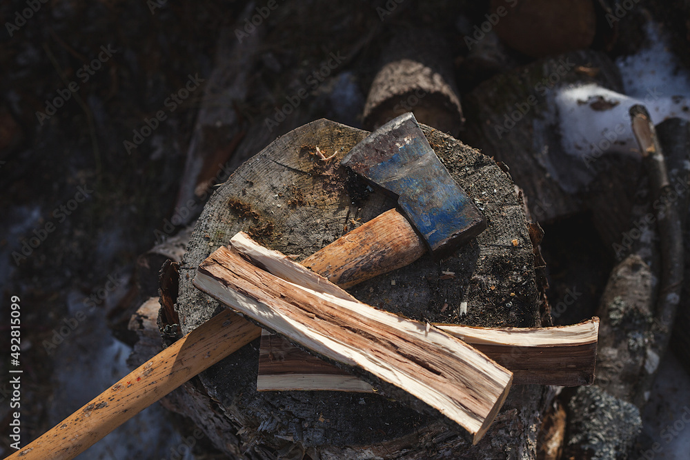 Ax on chopping block with cut wood Ax on chopping block with cut wood