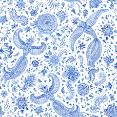 Acrylglasbilder Blau-weiße Muster Blaue Pfauen mit Paisley Blüten  © L. Kramer