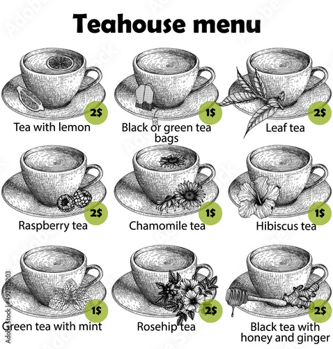 Vector menu template for a teahouse. Set of 9 graphic linear cups of tea with lemon, hibiscus, chamomile, mint, raspberry, honey, ginger, rosehip, leaf tea and tea bags