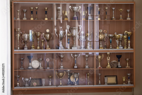 Trophy display case shelf made of glass and wood full of gold and silver trophies, rewards and cups.