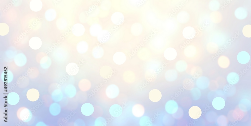 Light blue iridescent bokeh background. Airy holidays fantasy abstract banner. 
