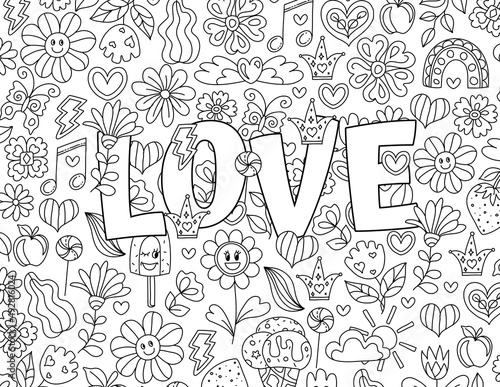 Peace. Good Vibes. Positive, Groovy Hand drawn coloring pages for kids and adults. Beautiful drawings with patterns. Motivational quotes. Coloring book pictures with blooming flowers, smiles