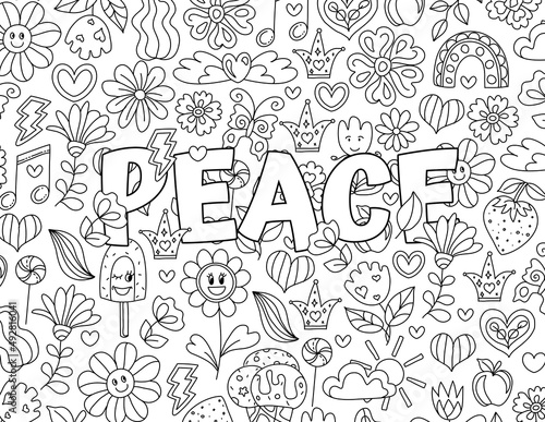 Peace. Good Vibes. Positive, Groovy Hand drawn coloring pages for kids and adults. Beautiful drawings with patterns. Motivational quotes. Coloring book pictures with blooming flowers, smiles