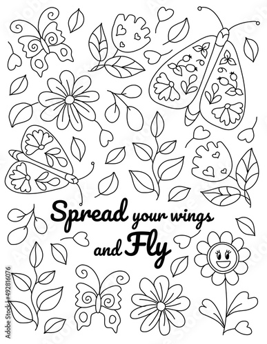 Positive, Inspirational Hand drawn coloring pages for kids and adults. Beautiful drawings with patterns and details. Coloring book pictures with blooming branches, flowers, smile, stickers, quotes