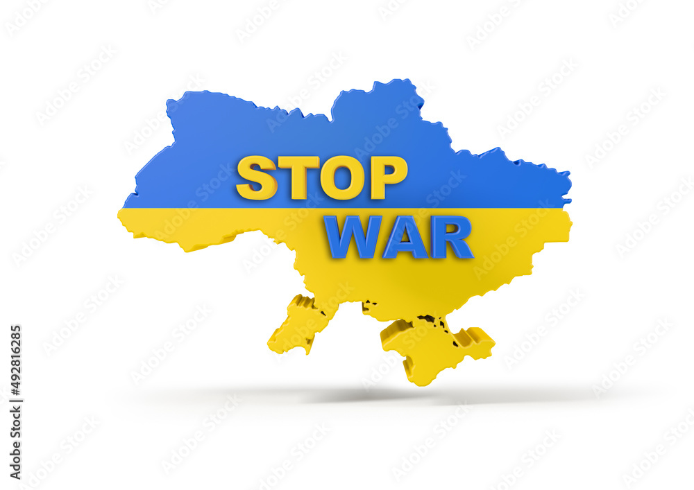 Map of Ukraine with the colors of the flag and the words Stop War, isolated from the background, 3d rendering