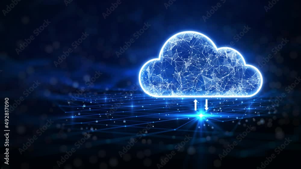 cloud computing technology. The data transfer and storage concept consists of a white polygonal structure that is interconnected in slow motion. dark blue background with small padlock on background.