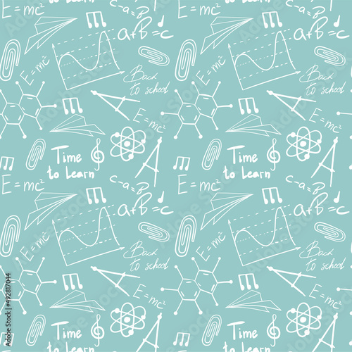 Vector seamless pattern with hand drawn school symbols. Physics, chemistry, biology. Science elements are drawn with a line. Background for children and students	
