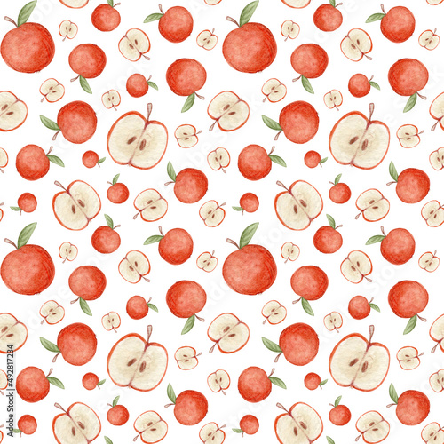 Fototapeta Naklejka Na Ścianę i Meble -  Seamless watercolor pattern of red apples. Bright fruits. Background for eco products, textiles, fabrics, paper.
