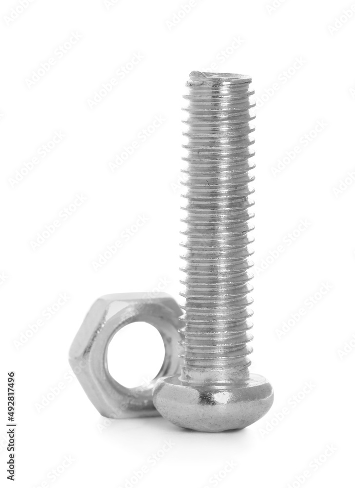 Metal carriage bolt and hex nut on white background Metal carriage bolt and hex nut on white background