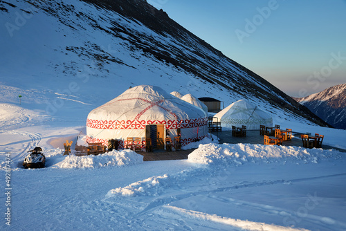 Yurt nomadic house hotel complex in Kazakhstan Mountains photo