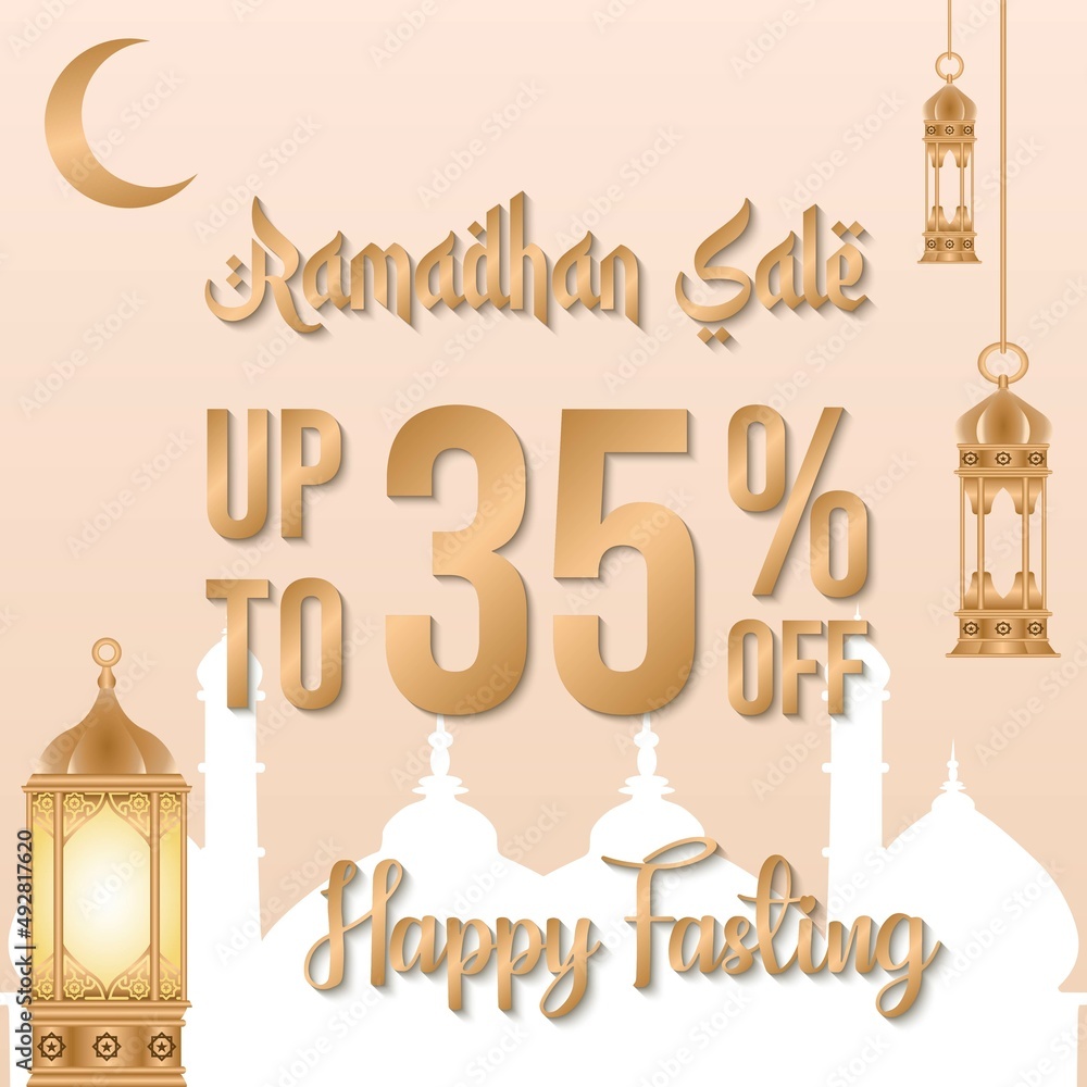 Ramadan sale poster promotion, Special offer up to 35% off with crescent moon, lantern, and landscape mosque. Islamic Background. Vector Illustration.