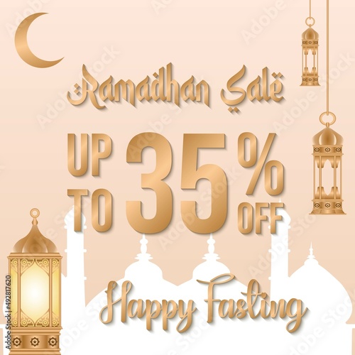 Ramadan sale poster promotion, Special offer up to 35% off with crescent moon, lantern, and landscape mosque. Islamic Background. Vector Illustration.