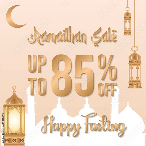 Ramadan sale poster promotion, Special offer up to 85% off with crescent moon, lantern, and landscape mosque. Islamic Background. Vector Illustration.