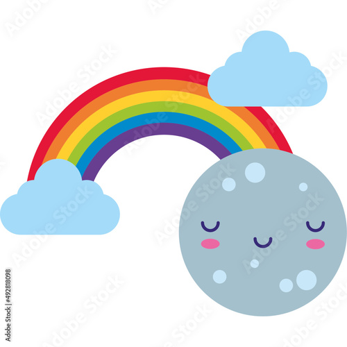clouds and rainbow with moon character