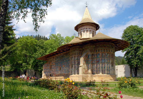 Voronets Monastery, Suceava County, Moldavia, Romania: One of the famous painted churches of Moldavia. This is the Saint George Church with colorful medieval frescos. photo