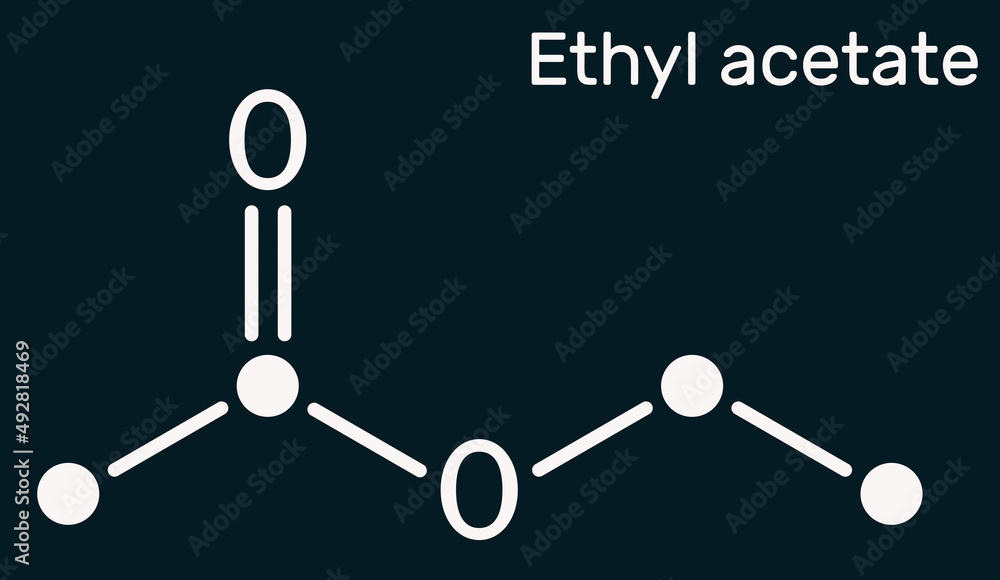 Ethyl acetate, ethyl ethanoate, C4H8O2 molecule. It is acetate ester formed between acetic acid and ethanol. Skeletal chemical formula on the dark blue background Ethyl acetate, ethyl ethanoate, C4H8O2 molecule. It is acetate ester formed between acetic acid and ethanol. Skeletal chemical formula on the dark blue background