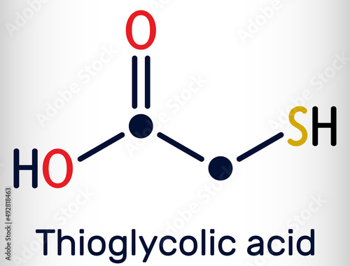 Thioglycolic acid, TGA, mercaptoacetic acid molecule. It is sulfur-containing carboxylic acid, used to make permanent wave solutions, depilatories. Skeletal chemical formula