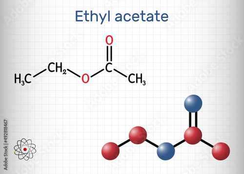 Ethyl acetate, ethyl ethanoate, C4H8O2 molecule. It is acetate ester formed between acetic acid and ethanol. Structural chemical formula, molecule model. Sheet of paper in a cage