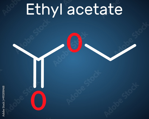 Ethyl acetate, ethyl ethanoate, C4H8O2 molecule. It is acetate ester formed between acetic acid and ethanol. Structural chemical formula on the dark blue background