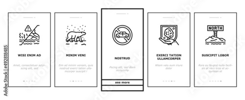 Climate Change And Eco Problem Onboarding Mobile App Page Screen Vector. Nature Care Day And Conservation World, Desertification And Renewable Energy, Climate Change And Glacier Melt . Illustrations