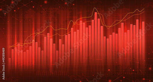 Red banner with financial growing charts. Concept of digital stock market trading or growing prices on oil and gas. Vector illustration. Concept of growth of prices with technology business diagrams.