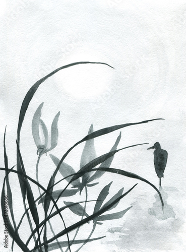 The gray heron stands in the lake. Posters with Asian motifs.Birds in the reed.Print on the wall, postcard, invitation.