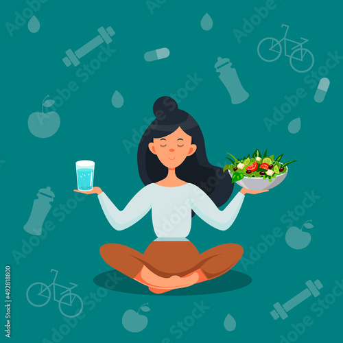 A young woman meditates in the lotus position, holding a plate of healthy food in one hand and a glass of clean water in the other. Vector illustration in cartoon style for a website, poster or banner