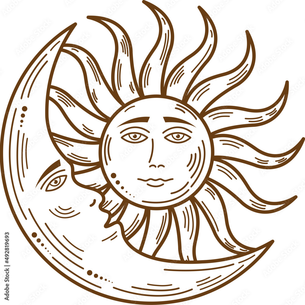 crescent moon and sun