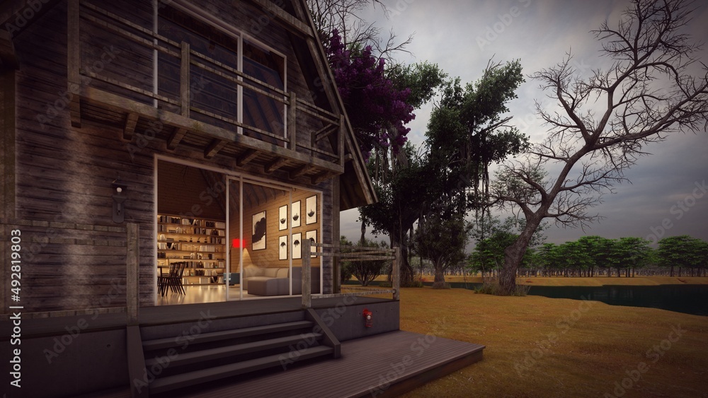 rustic wooden house with minimalist interior design 3d illustration
