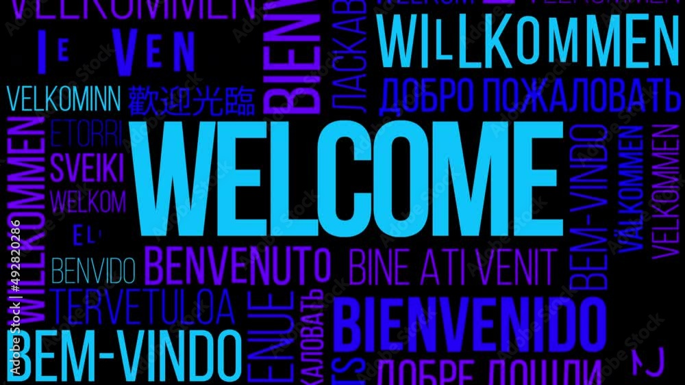 Animation of the word welcome in many different languages. In blue and purple. Animation of the word welcome in many different languages. In blue and purple.