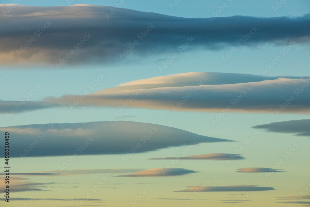 Sunset and wind clouds in La Garrotxa, Girona, Spain