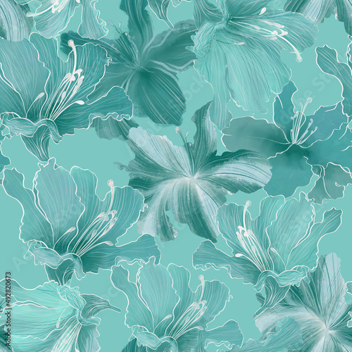 Seamless trendy patterns with teal turquoise azalea and rhododendron flowers. Beautiful cool monocolor pattern in cool gentle teal green tones. Design for fabric, graphics, wallpapers, textiles.