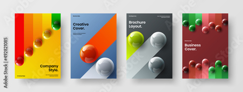 Unique 3D spheres book cover layout set. Modern pamphlet vector design template composition.