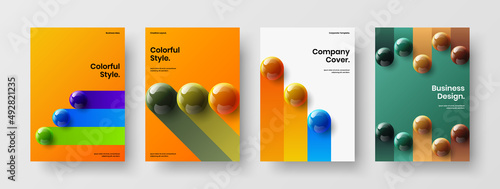 Clean realistic spheres front page concept set. Geometric company cover A4 design vector template bundle.