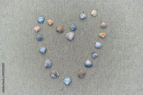 A heart is drawn in the middle of the sand by Juist and depicted with shells