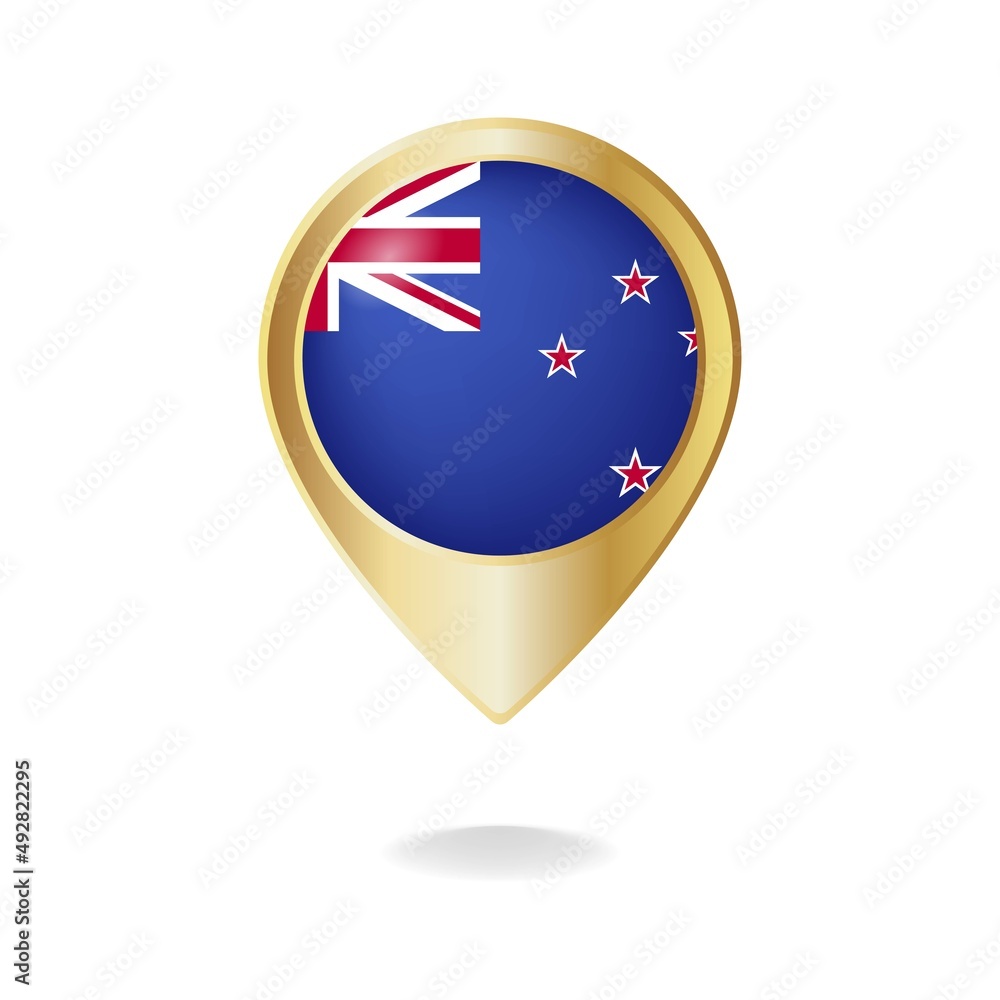 New zealand flag on golden pointer map, vector illustration eps.10 New zealand flag on golden pointer map, vector illustration eps.10
