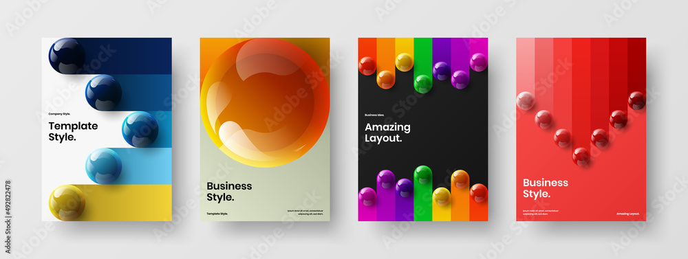 Amazing 3D balls company brochure template set. Clean annual report vector design illustration collection.