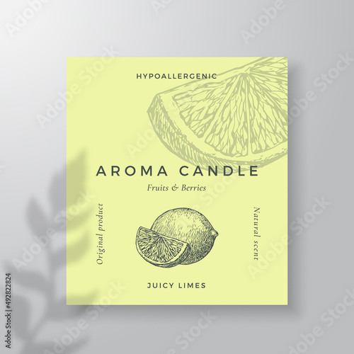 Aroma candle vector label template Lime scent from local purveyors advert design Ink style sketch background layout decor. Natural smell product package text space