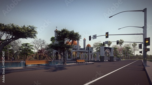 mosque in front of traffic light  for eid al fitr and ramadhan background 3d illustration
