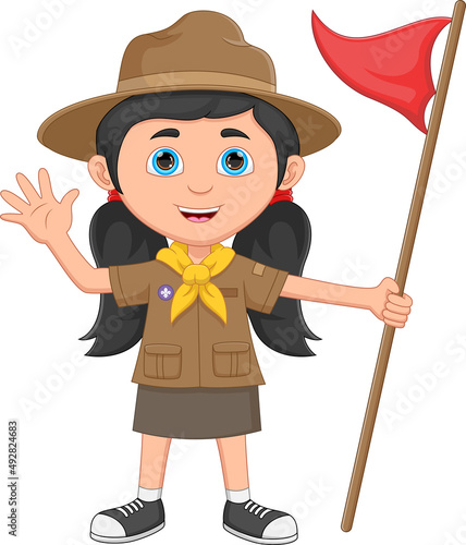  cartoon girl scout waving on white background