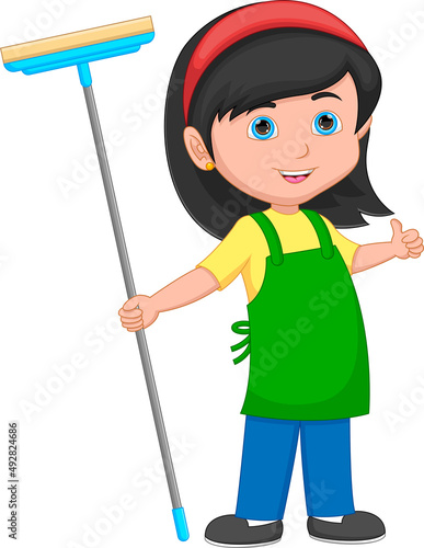 cartoon cute girl holding mop