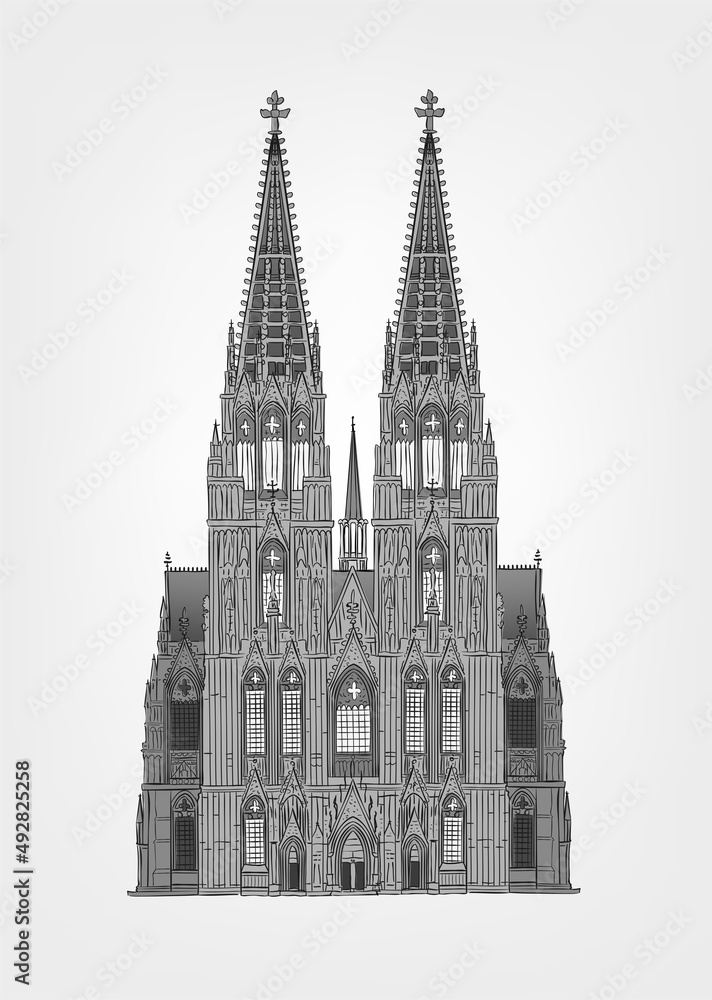 West facade of Cologne Cathedral, black and white architecture illustration