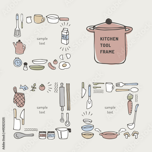 手描きのキッチンツールのフレームセット