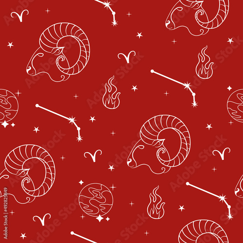 Seamless pattern. Vector illustration. Aries constellation. Aries zodiac sign. Horoscope, star, planet and element.