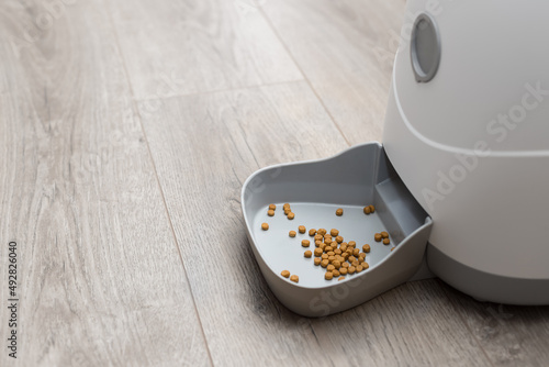 Fotografie automatic pet food dispenser on floor at home
