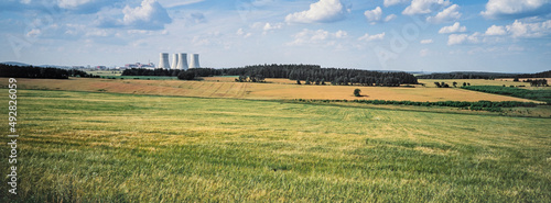  Nuclear plant and cornfields. Panorama. Czech Republic. Cooling towers.