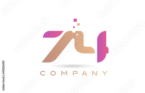 74 number icon logo for company and business with dots design. Creative template in purple and brown color